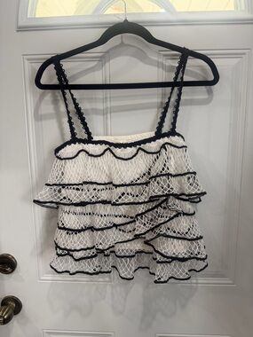 Anthropologie White Mesh Ruffle Cami with Black Trim